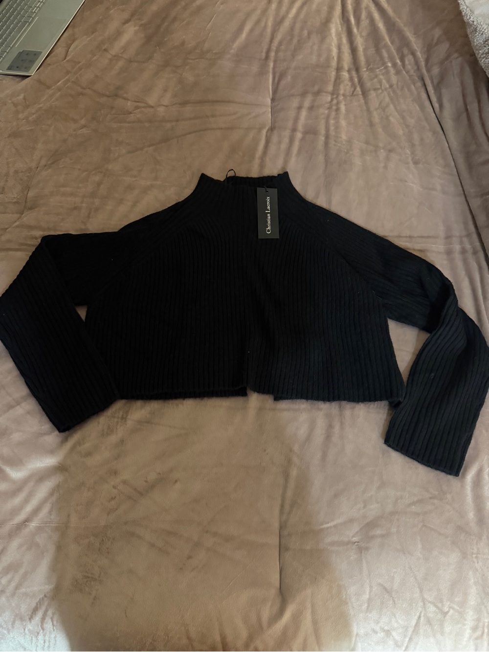 Christian Lacroix Black Ribbed Cropped Mock-Neck Sweater